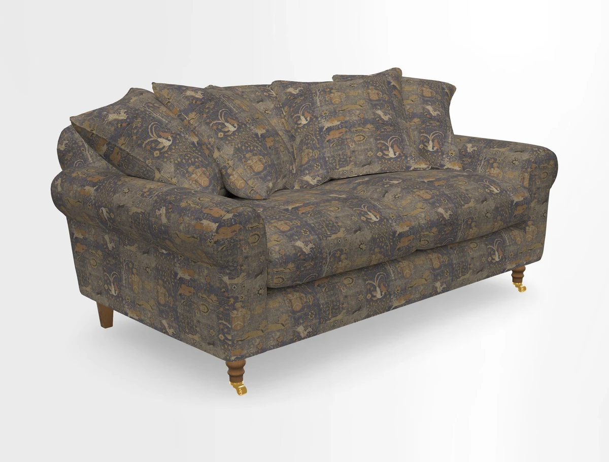 Walberswick 3 Seater Sofa in Etta's Bouquet Sunset Moss with scatters in Sussex Stripe Brick and Snape Chair in Almost Plain Velvet Spring