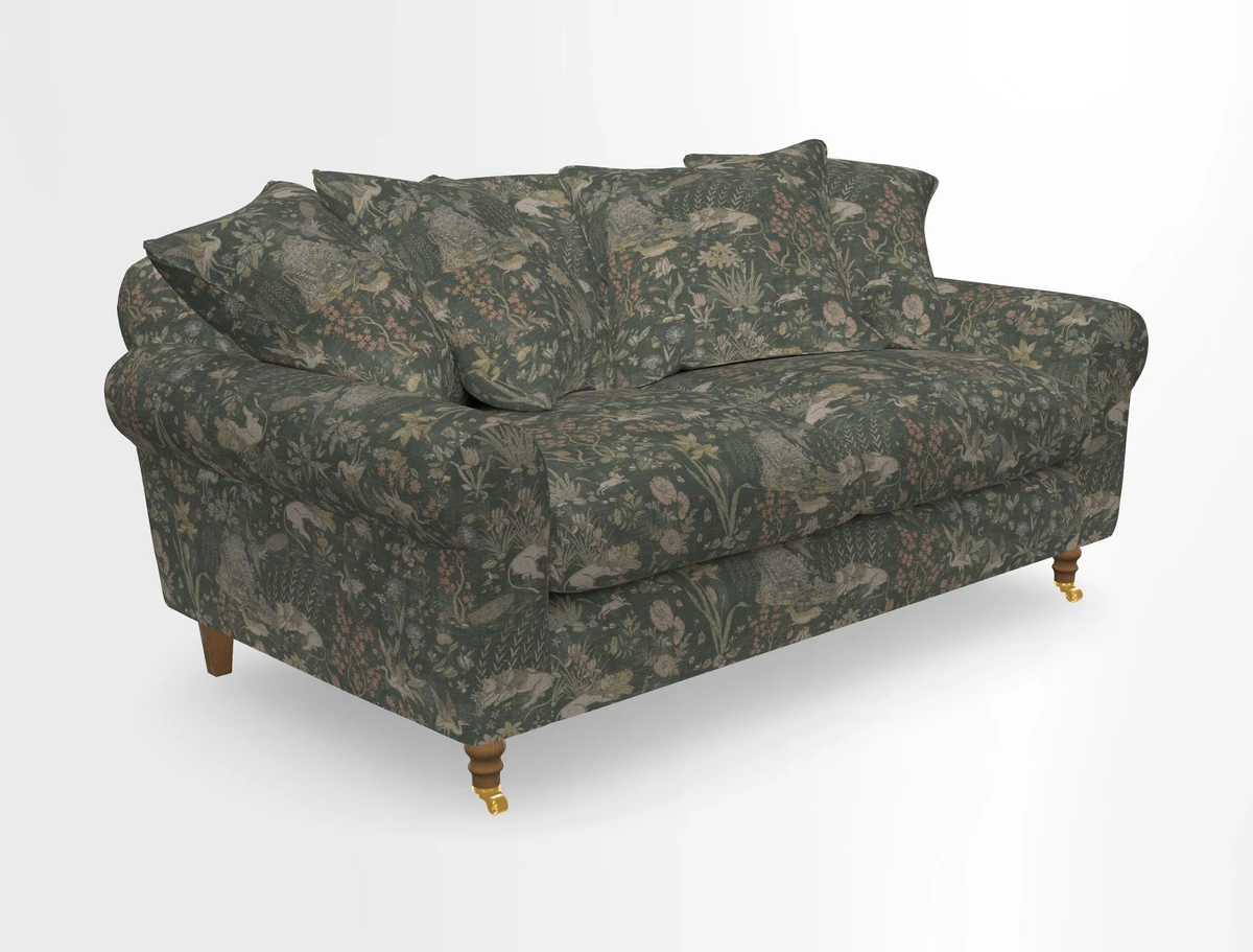 Walberswick 3 Seater Sofa in Etta's Bouquet Sunset Moss with scatters in Sussex Stripe Brick and Snape Chair in Almost Plain Velvet Spring
