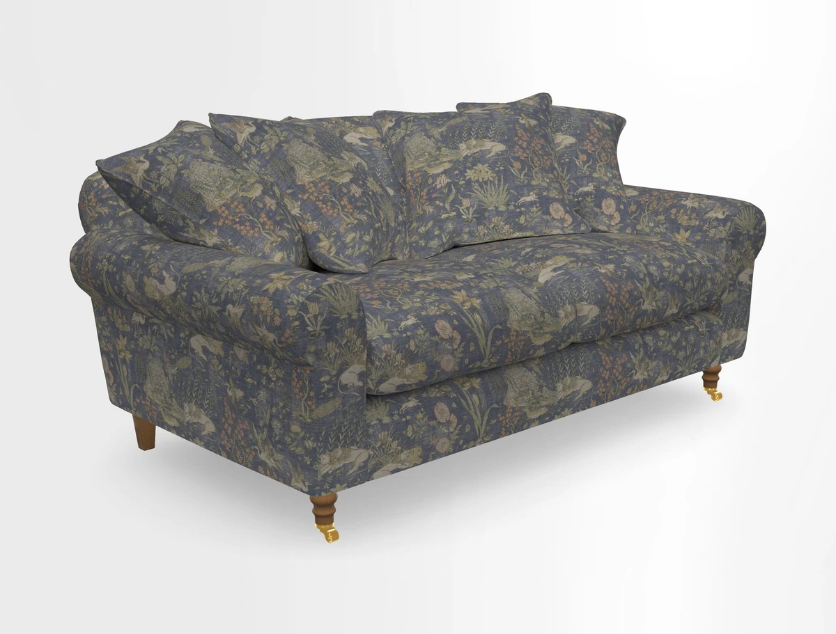 Walberswick 3 Seater Sofa in Etta's Bouquet Sunset Moss with scatters in Sussex Stripe Brick and Snape Chair in Almost Plain Velvet Spring