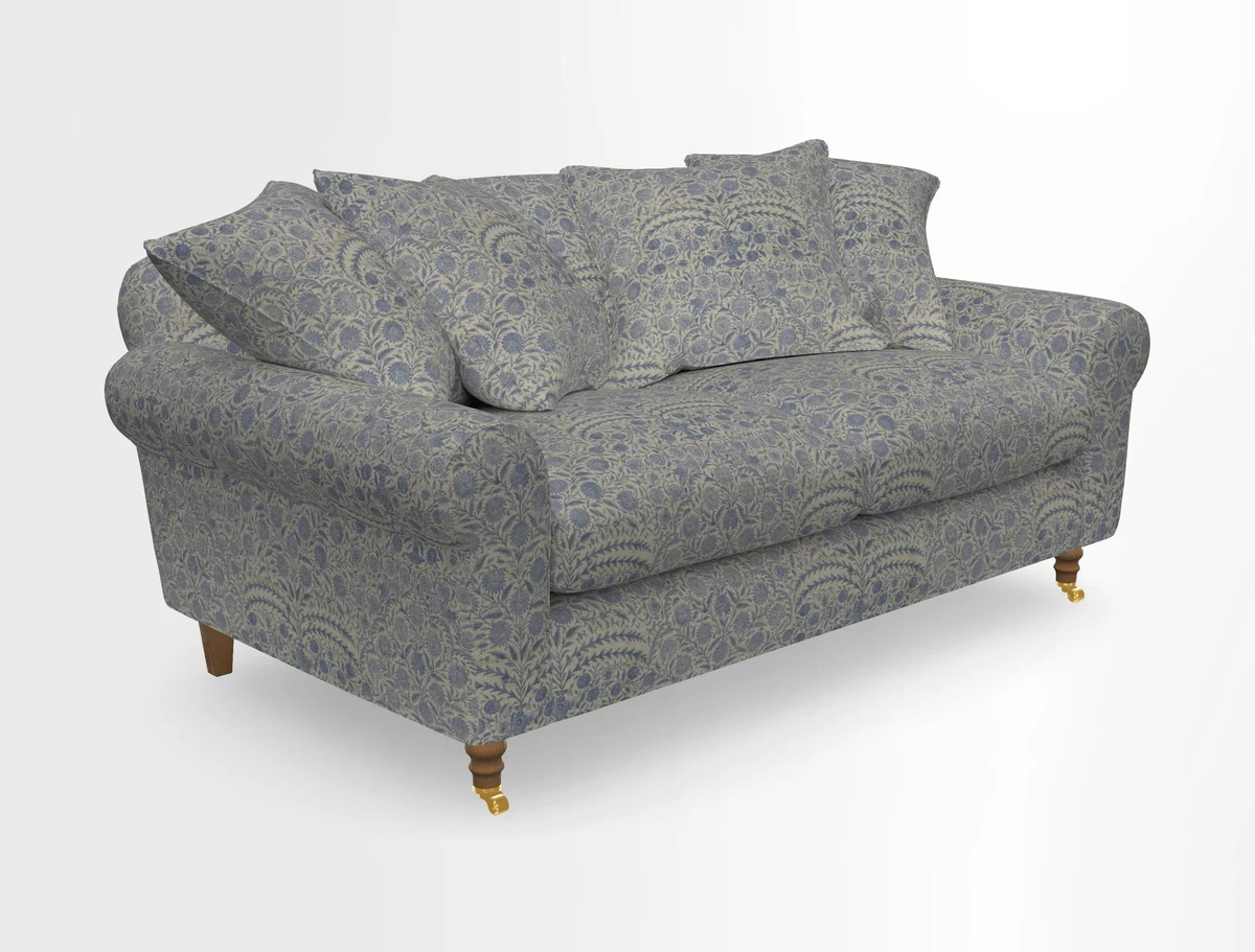 Walberswick 3 Seater Sofa in Etta's Bouquet Sunset Moss with scatters in Sussex Stripe Brick and Snape Chair in Almost Plain Velvet Spring