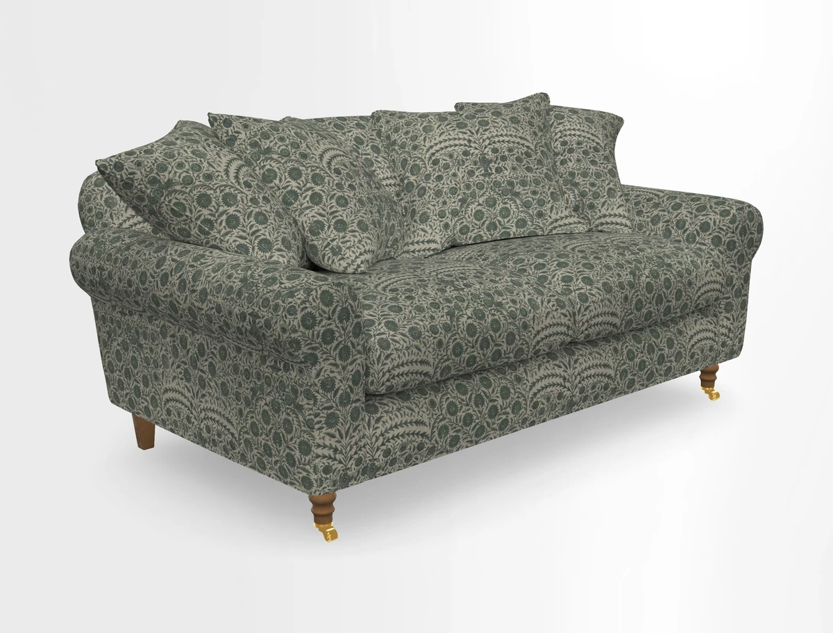 Walberswick 3 Seater Sofa in Etta's Bouquet Sunset Moss with scatters in Sussex Stripe Brick and Snape Chair in Almost Plain Velvet Spring