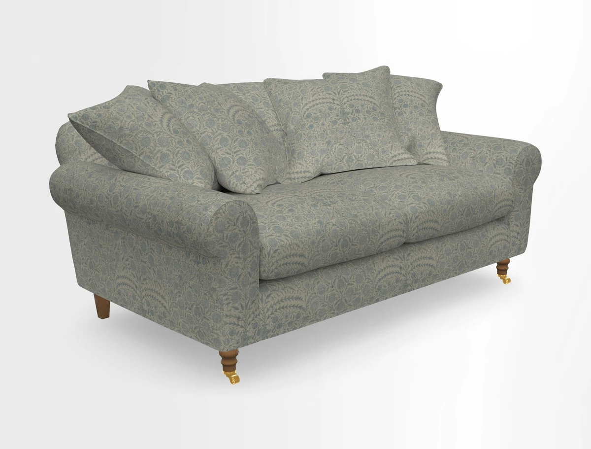 Walberswick 3 Seater Sofa in Etta's Bouquet Sunset Moss with scatters in Sussex Stripe Brick and Snape Chair in Almost Plain Velvet Spring