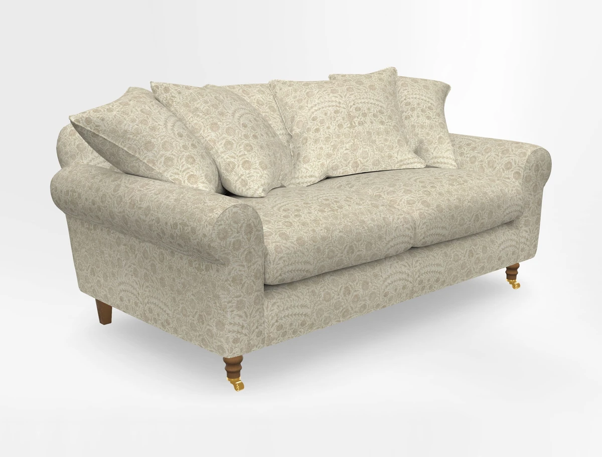 Walberswick 3 Seater Sofa in Etta's Bouquet Sunset Moss with scatters in Sussex Stripe Brick and Snape Chair in Almost Plain Velvet Spring