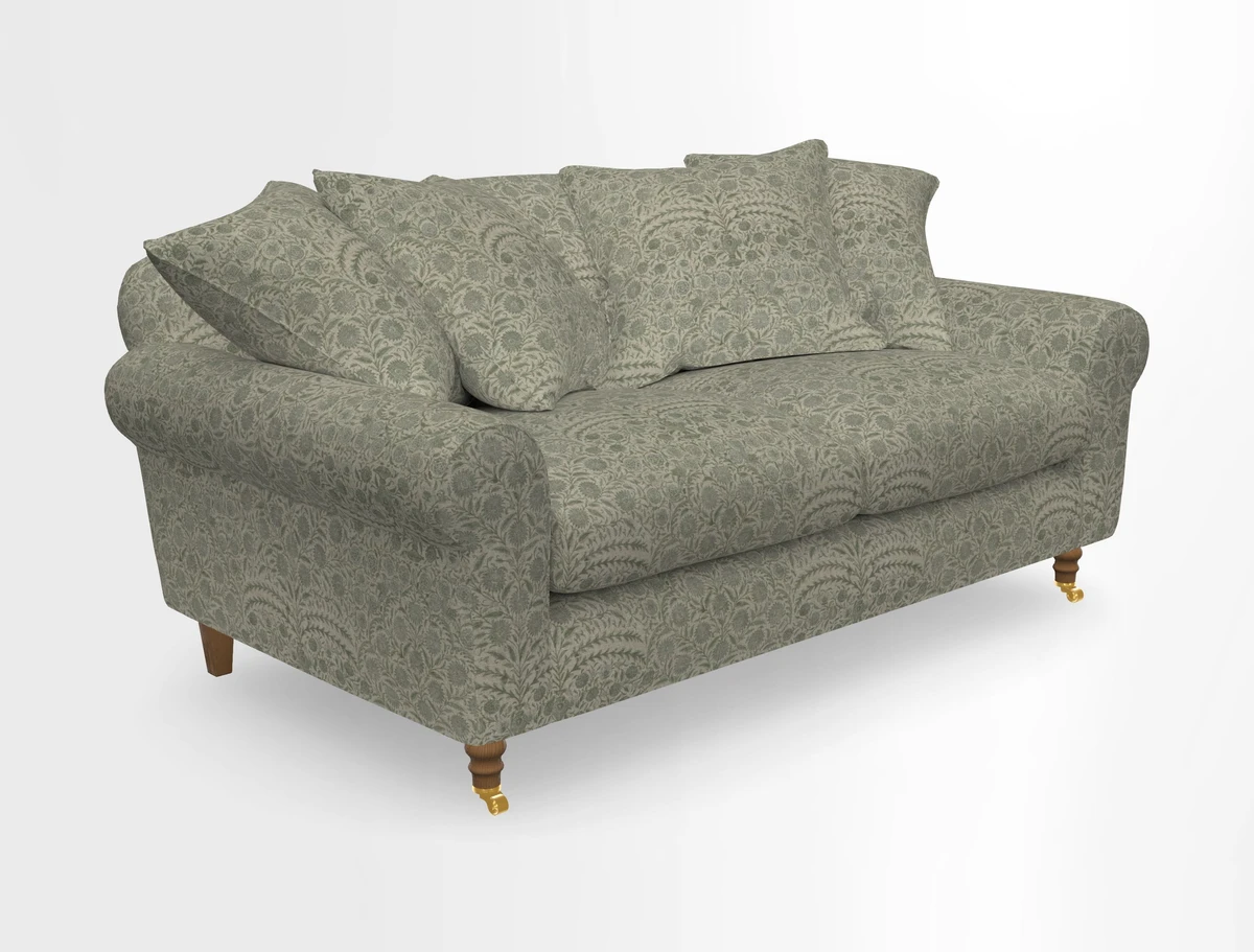 Walberswick 3 Seater Sofa in Etta's Bouquet Sunset Moss with scatters in Sussex Stripe Brick and Snape Chair in Almost Plain Velvet Spring