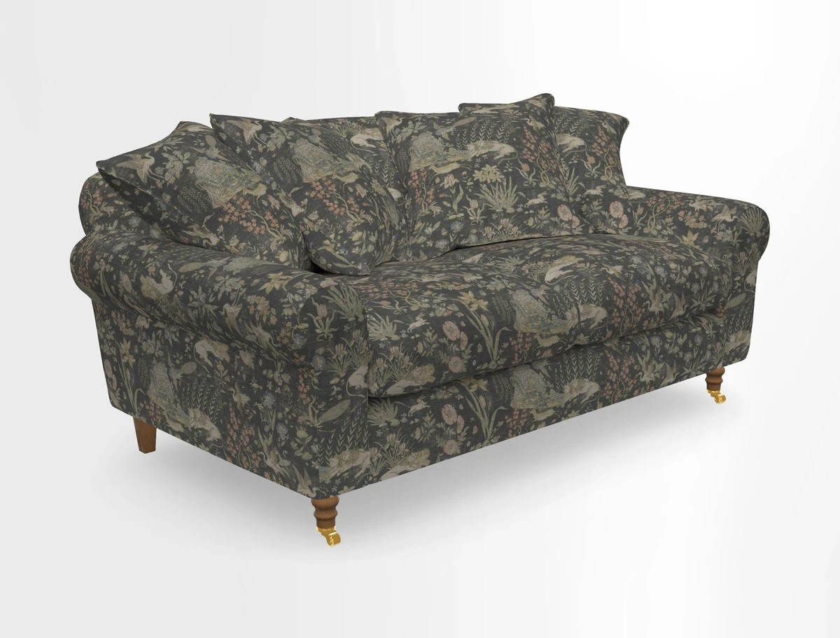 Walberswick 3 Seater Sofa in Etta's Bouquet Sunset Moss with scatters in Sussex Stripe Brick and Snape Chair in Almost Plain Velvet Spring