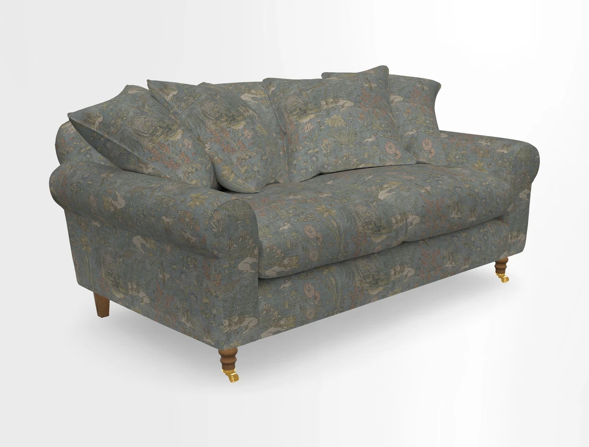 Walberswick 3 Seater Sofa in Etta's Bouquet Sunset Moss with scatters in Sussex Stripe Brick and Snape Chair in Almost Plain Velvet Spring