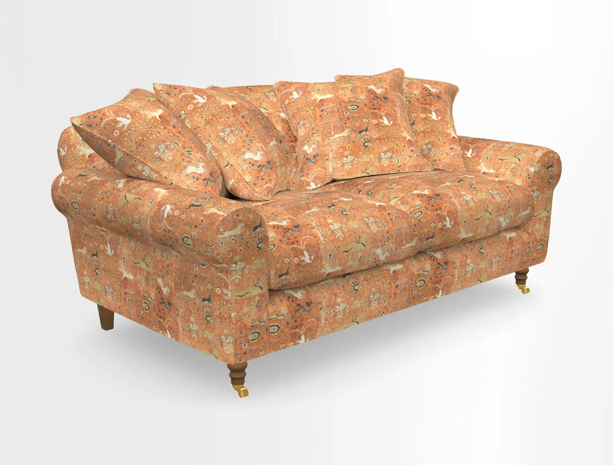Walberswick 3 Seater Sofa in Etta's Bouquet Sunset Moss with scatters in Sussex Stripe Brick and Snape Chair in Almost Plain Velvet Spring