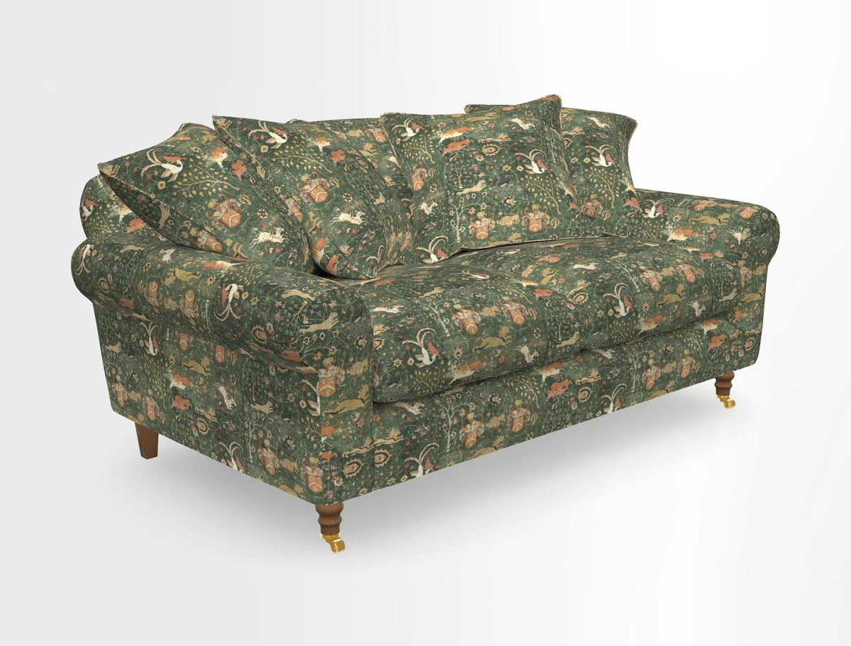 Walberswick 3 Seater Sofa in Etta's Bouquet Sunset Moss with scatters in Sussex Stripe Brick and Snape Chair in Almost Plain Velvet Spring