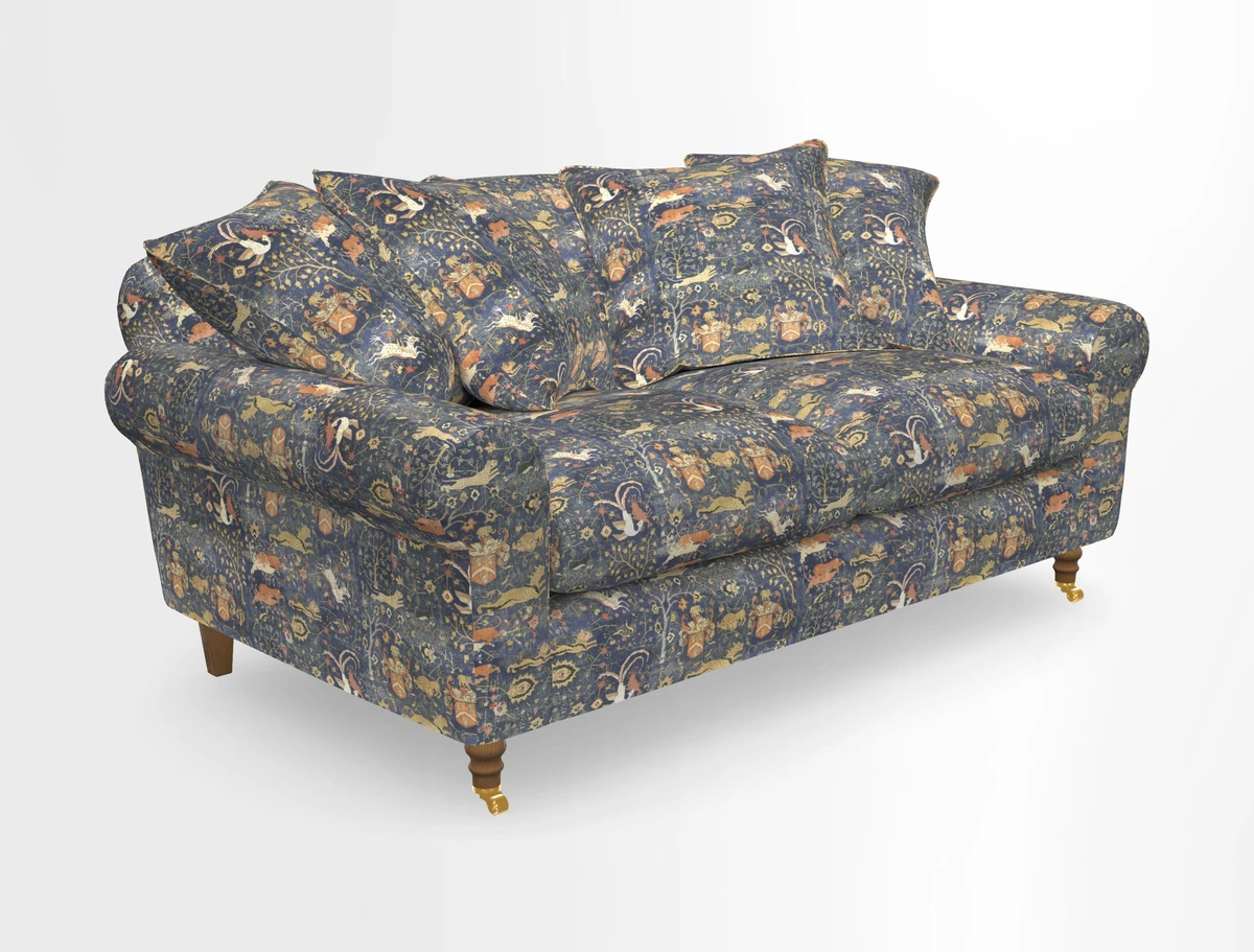 Walberswick 3 Seater Sofa in Etta's Bouquet Sunset Moss with scatters in Sussex Stripe Brick and Snape Chair in Almost Plain Velvet Spring