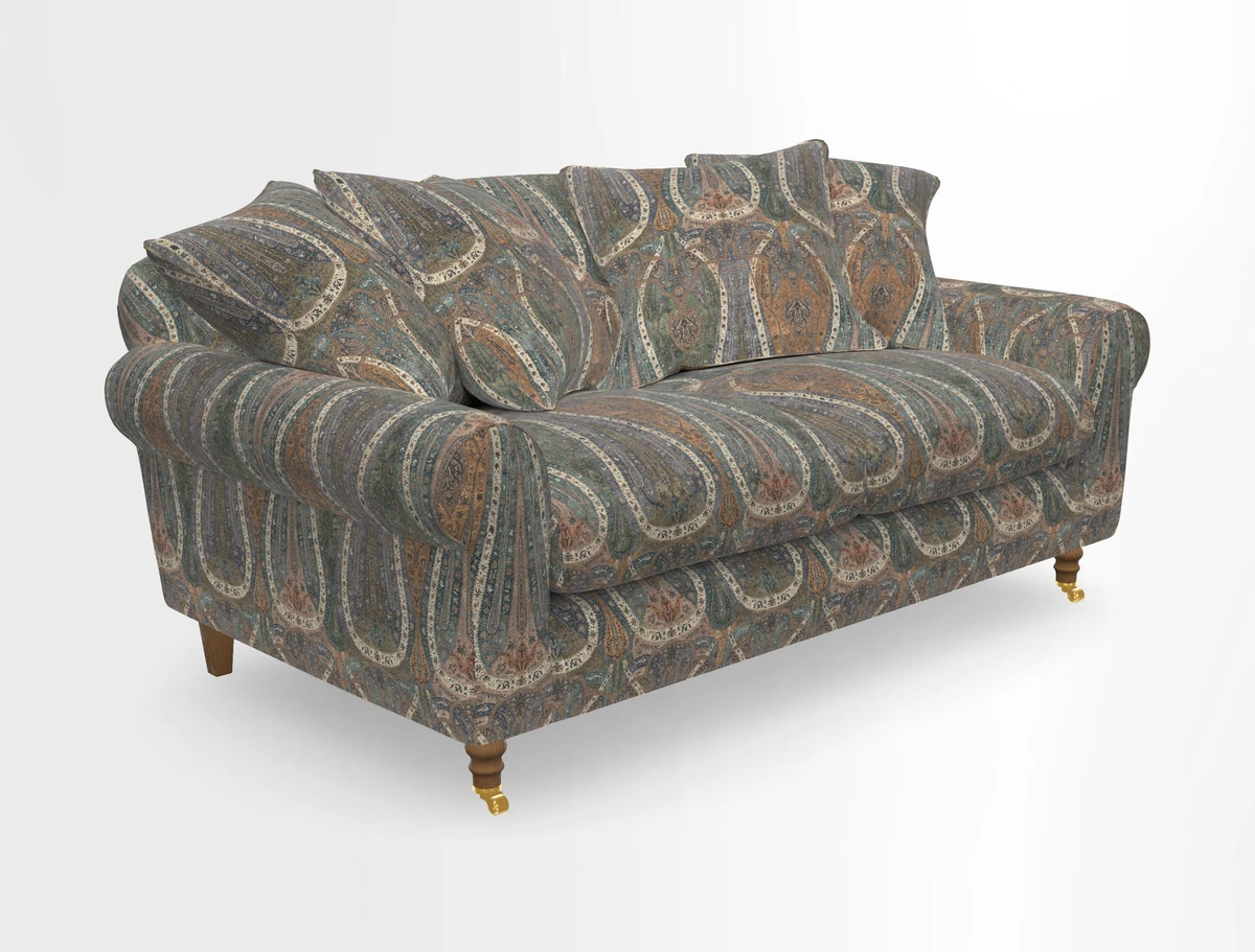 Walberswick 3 Seater Sofa in Etta's Bouquet Sunset Moss with scatters in Sussex Stripe Brick and Snape Chair in Almost Plain Velvet Spring