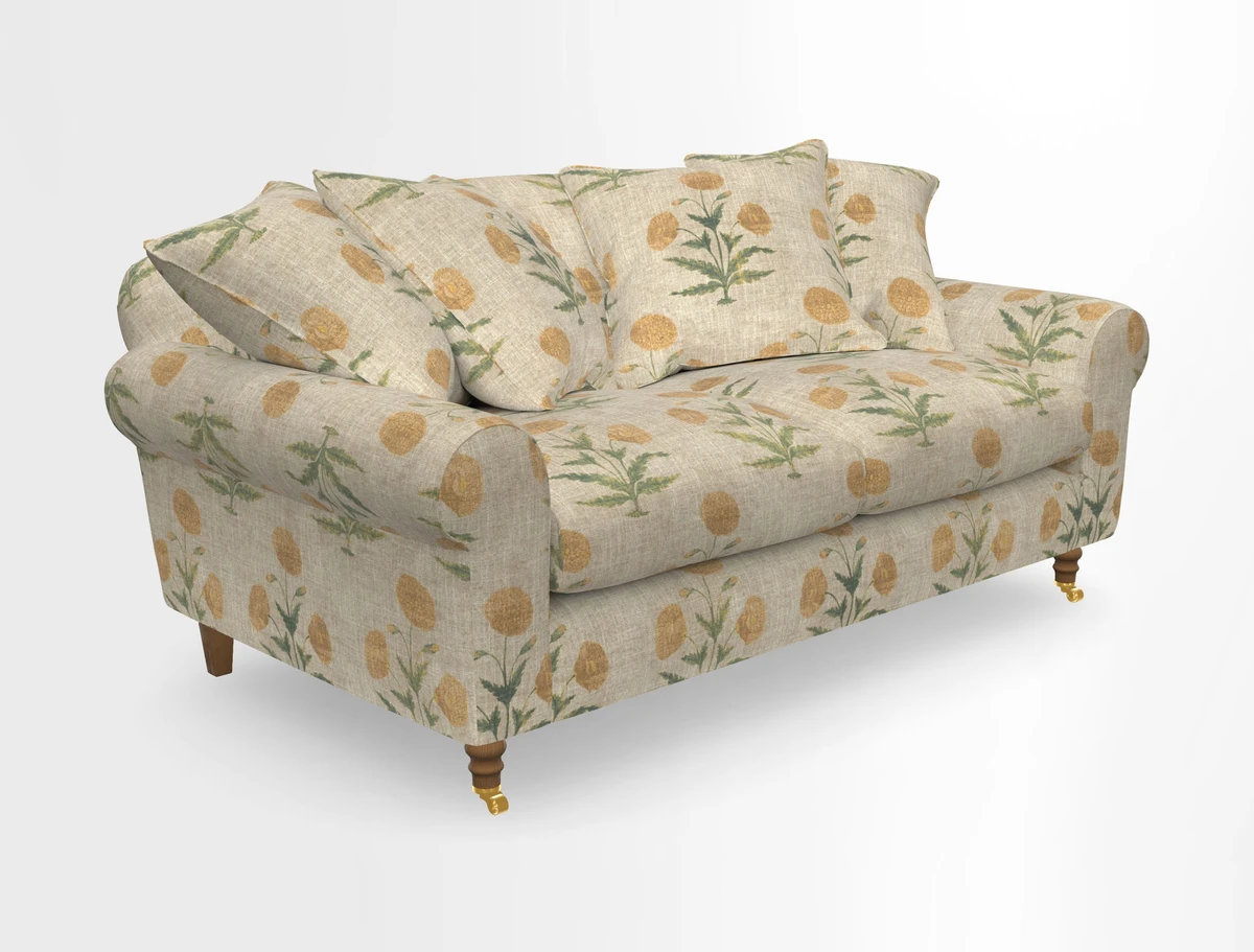 Walberswick 3 Seater Sofa in Etta's Bouquet Sunset Moss with scatters in Sussex Stripe Brick and Snape Chair in Almost Plain Velvet Spring