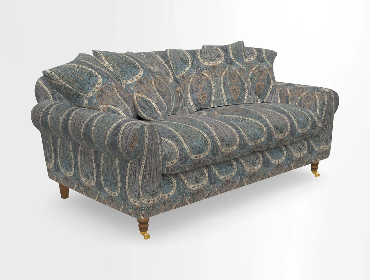Walberswick 3 Seater Sofa in Etta's Bouquet Sunset Moss with scatters in Sussex Stripe Brick and Snape Chair in Almost Plain Velvet Spring