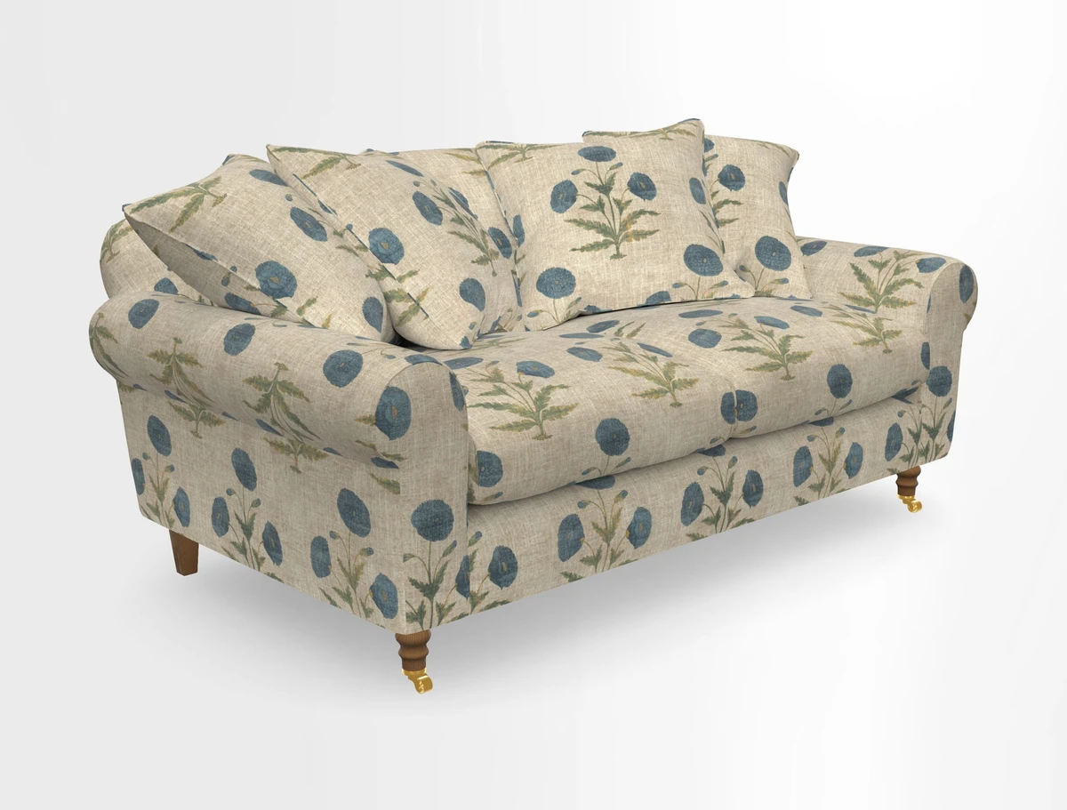 Walberswick 3 Seater Sofa in Etta's Bouquet Sunset Moss with scatters in Sussex Stripe Brick and Snape Chair in Almost Plain Velvet Spring