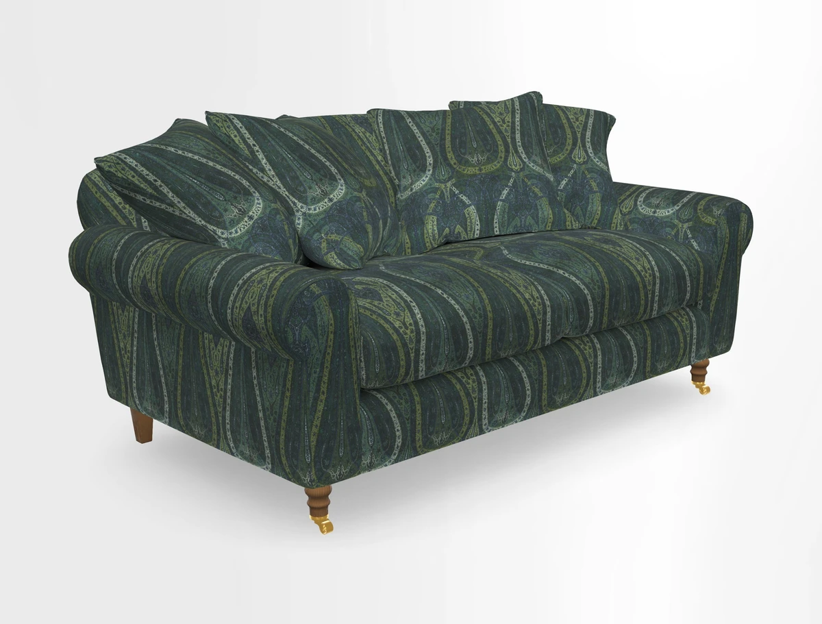 Walberswick 3 Seater Sofa in Etta's Bouquet Sunset Moss with scatters in Sussex Stripe Brick and Snape Chair in Almost Plain Velvet Spring
