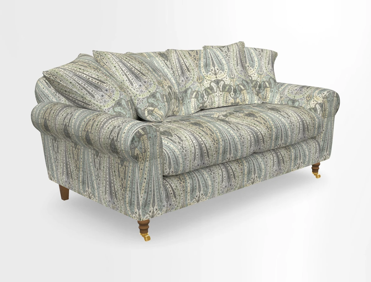 Walberswick 3 Seater Sofa in Etta's Bouquet Sunset Moss with scatters in Sussex Stripe Brick and Snape Chair in Almost Plain Velvet Spring