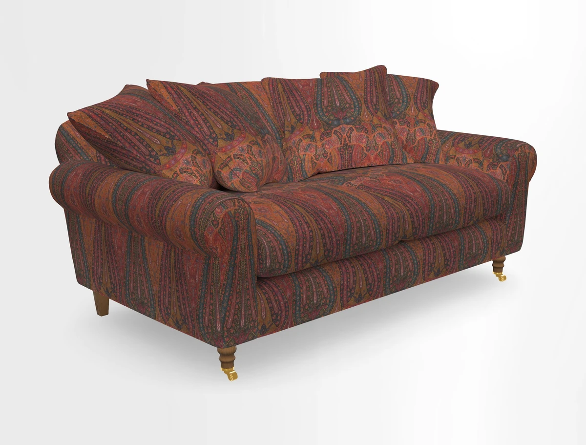 Walberswick 3 Seater Sofa in Etta's Bouquet Sunset Moss with scatters in Sussex Stripe Brick and Snape Chair in Almost Plain Velvet Spring