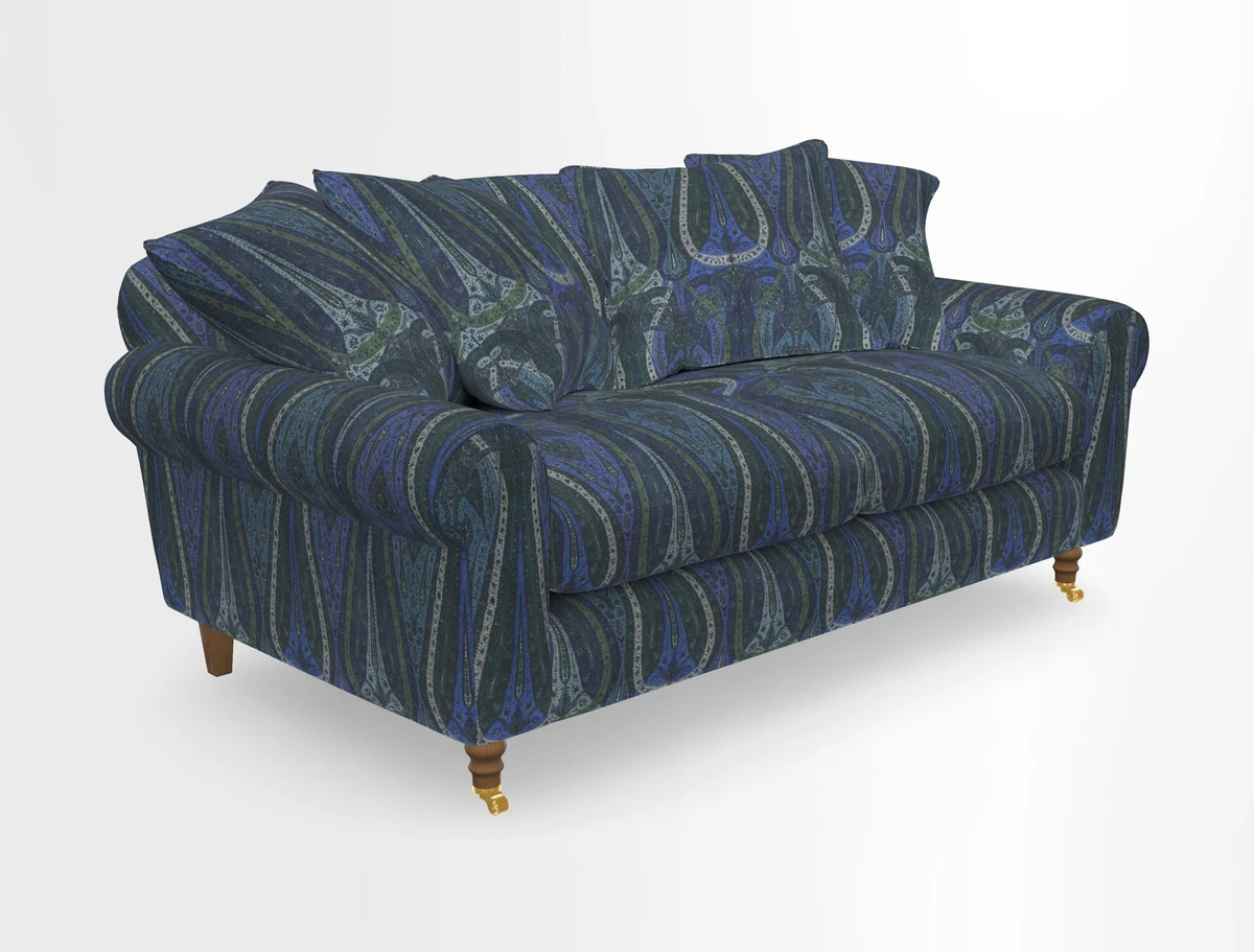 Walberswick 3 Seater Sofa in Etta's Bouquet Sunset Moss with scatters in Sussex Stripe Brick and Snape Chair in Almost Plain Velvet Spring