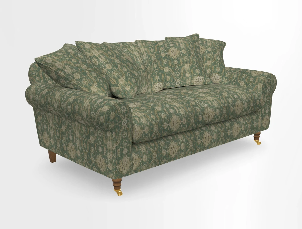 Walberswick 3 Seater Sofa in Etta's Bouquet Sunset Moss with scatters in Sussex Stripe Brick and Snape Chair in Almost Plain Velvet Spring