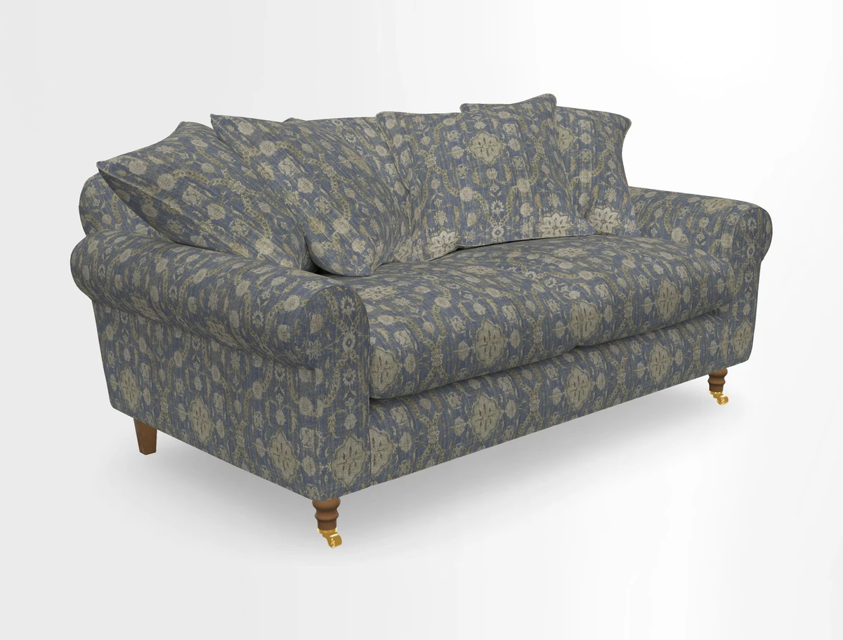Walberswick 3 Seater Sofa in Etta's Bouquet Sunset Moss with scatters in Sussex Stripe Brick and Snape Chair in Almost Plain Velvet Spring