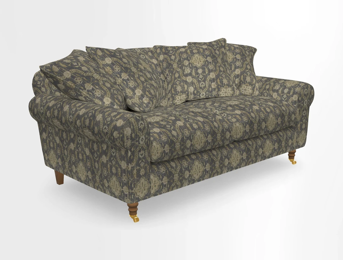 Walberswick 3 Seater Sofa in Etta's Bouquet Sunset Moss with scatters in Sussex Stripe Brick and Snape Chair in Almost Plain Velvet Spring