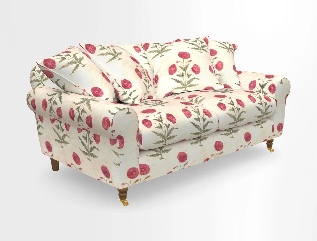 Walberswick 3 Seater Sofa in Etta's Bouquet Sunset Moss with scatters in Sussex Stripe Brick and Snape Chair in Almost Plain Velvet Spring