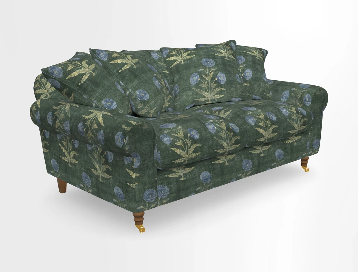 Walberswick 3 Seater Sofa in Etta's Bouquet Sunset Moss with scatters in Sussex Stripe Brick and Snape Chair in Almost Plain Velvet Spring