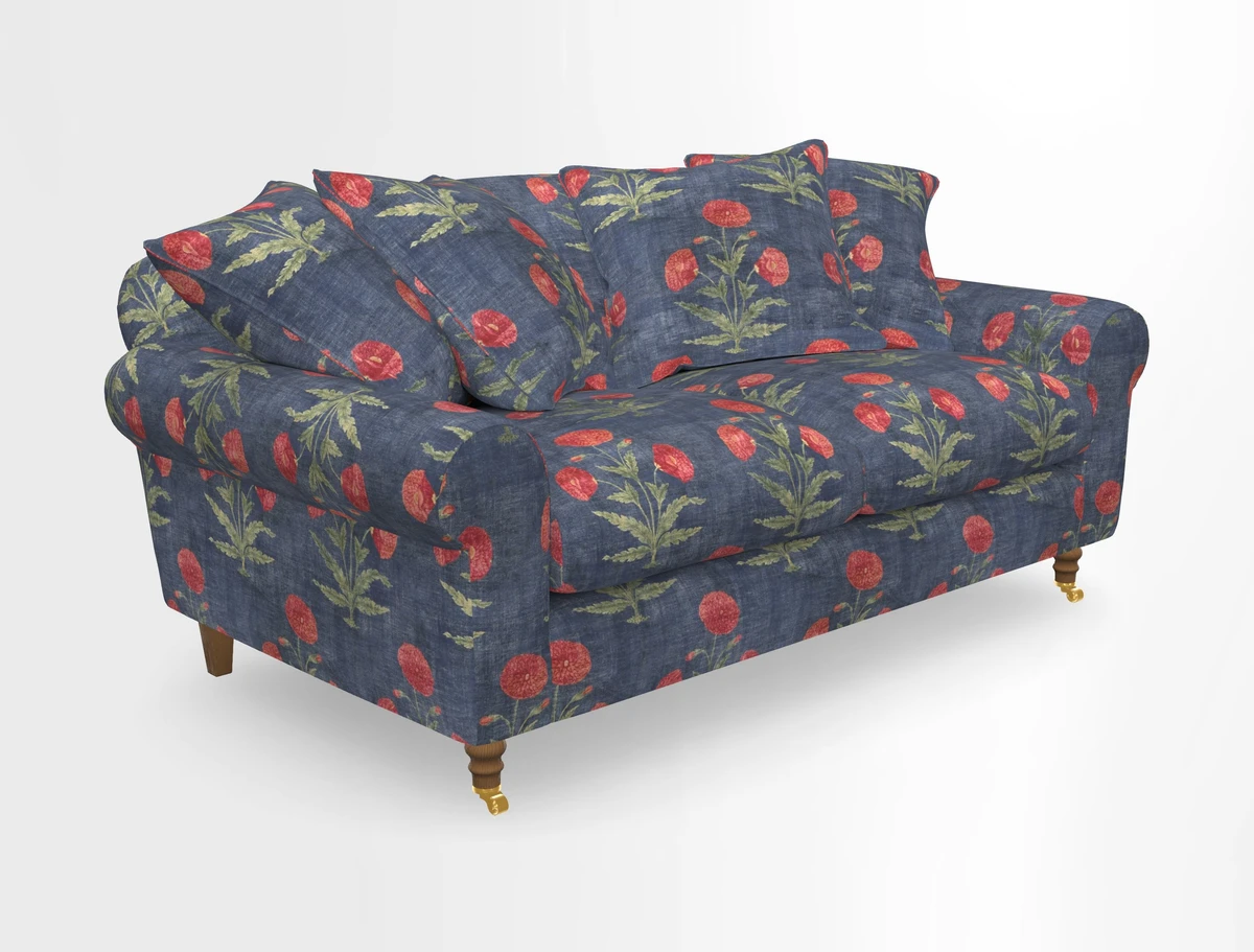 Walberswick 3 Seater Sofa in Etta's Bouquet Sunset Moss with scatters in Sussex Stripe Brick and Snape Chair in Almost Plain Velvet Spring