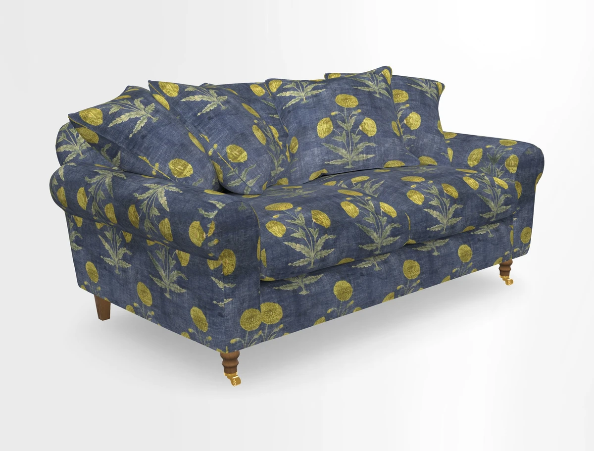 Walberswick 3 Seater Sofa in Etta's Bouquet Sunset Moss with scatters in Sussex Stripe Brick and Snape Chair in Almost Plain Velvet Spring