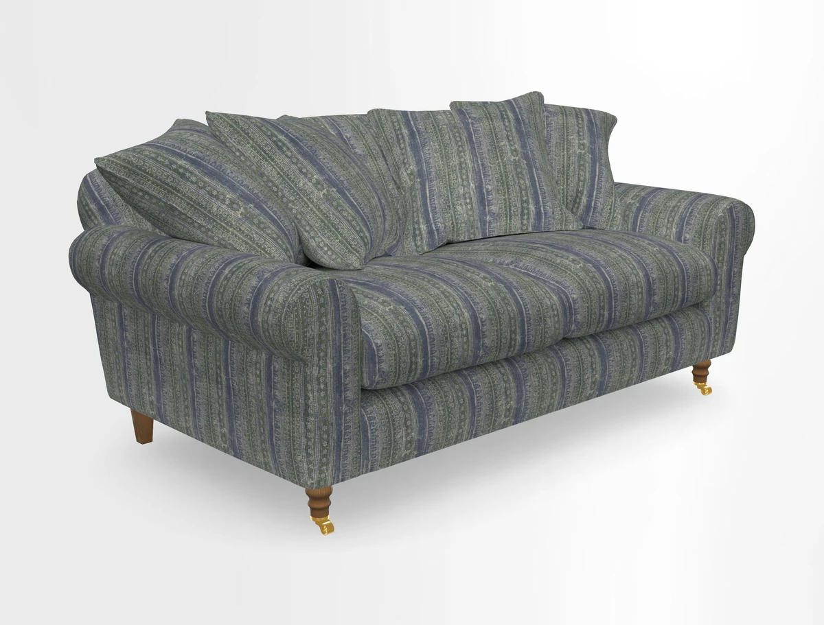 Walberswick 3 Seater Sofa in Etta's Bouquet Sunset Moss with scatters in Sussex Stripe Brick and Snape Chair in Almost Plain Velvet Spring
