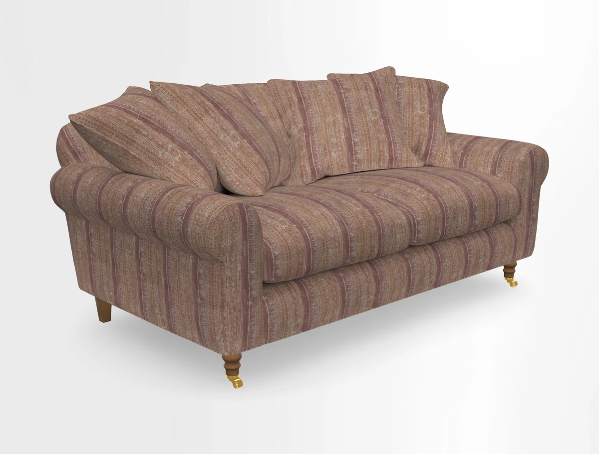Walberswick 3 Seater Sofa in Etta's Bouquet Sunset Moss with scatters in Sussex Stripe Brick and Snape Chair in Almost Plain Velvet Spring