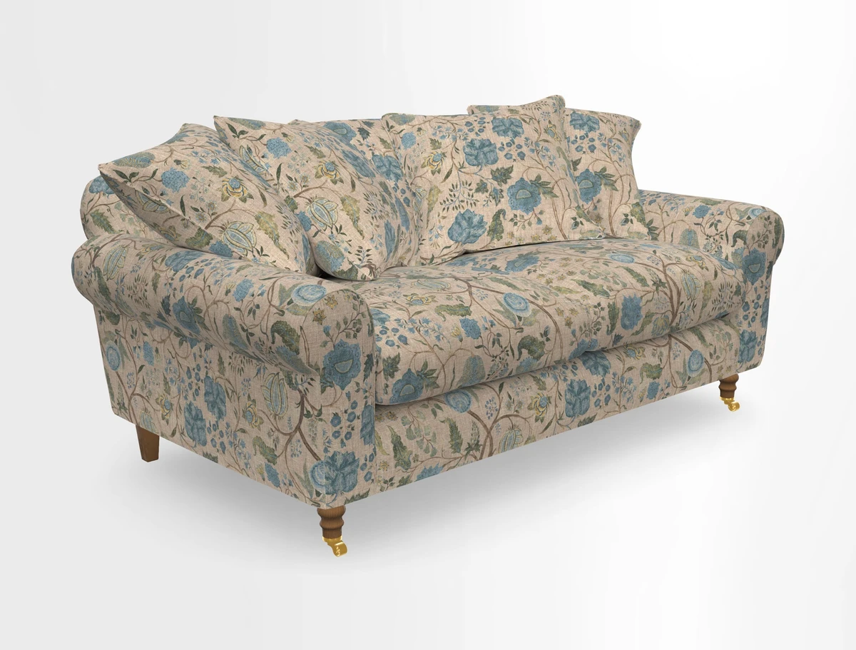 Walberswick 3 Seater Sofa in Etta's Bouquet Sunset Moss with scatters in Sussex Stripe Brick and Snape Chair in Almost Plain Velvet Spring