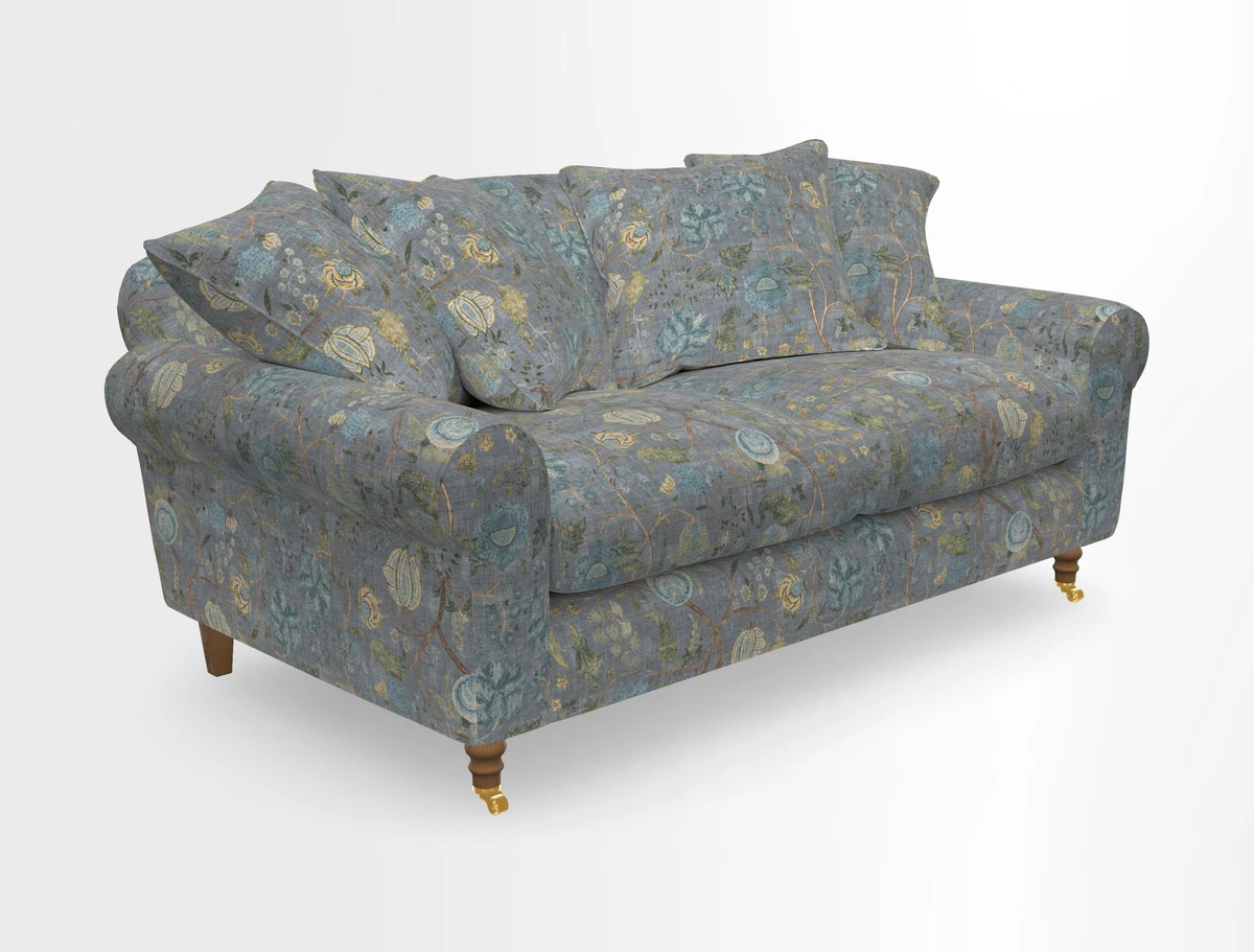 Walberswick 3 Seater Sofa in Etta's Bouquet Sunset Moss with scatters in Sussex Stripe Brick and Snape Chair in Almost Plain Velvet Spring