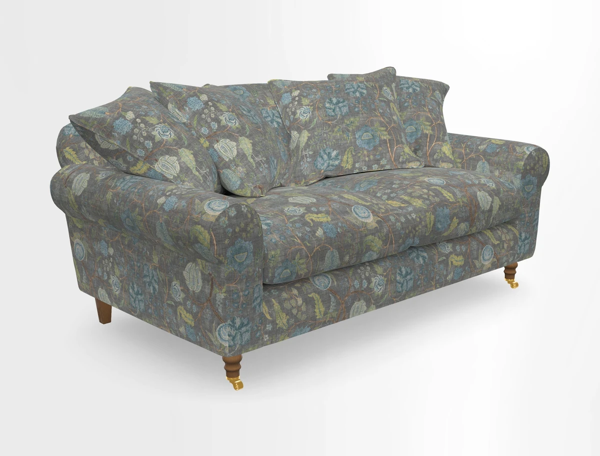 Walberswick 3 Seater Sofa in Etta's Bouquet Sunset Moss with scatters in Sussex Stripe Brick and Snape Chair in Almost Plain Velvet Spring