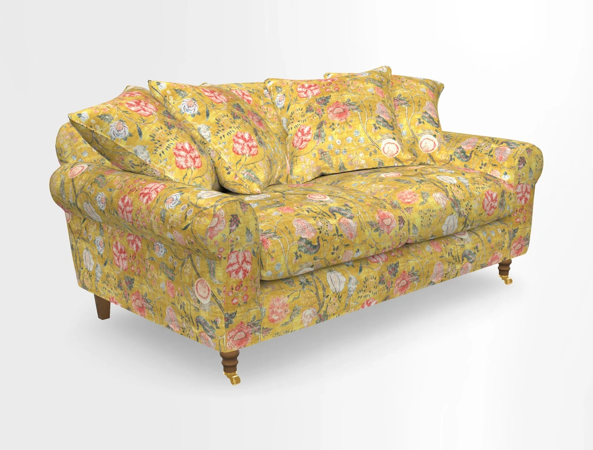 Walberswick 3 Seater Sofa in Etta's Bouquet Sunset Moss with scatters in Sussex Stripe Brick and Snape Chair in Almost Plain Velvet Spring