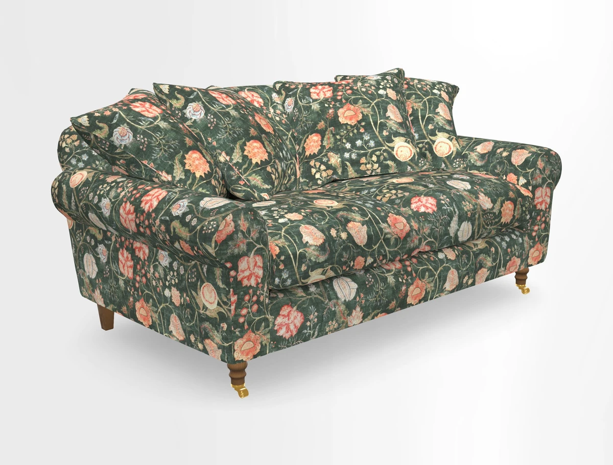 Walberswick 3 Seater Sofa in Etta's Bouquet Sunset Moss with scatters in Sussex Stripe Brick and Snape Chair in Almost Plain Velvet Spring