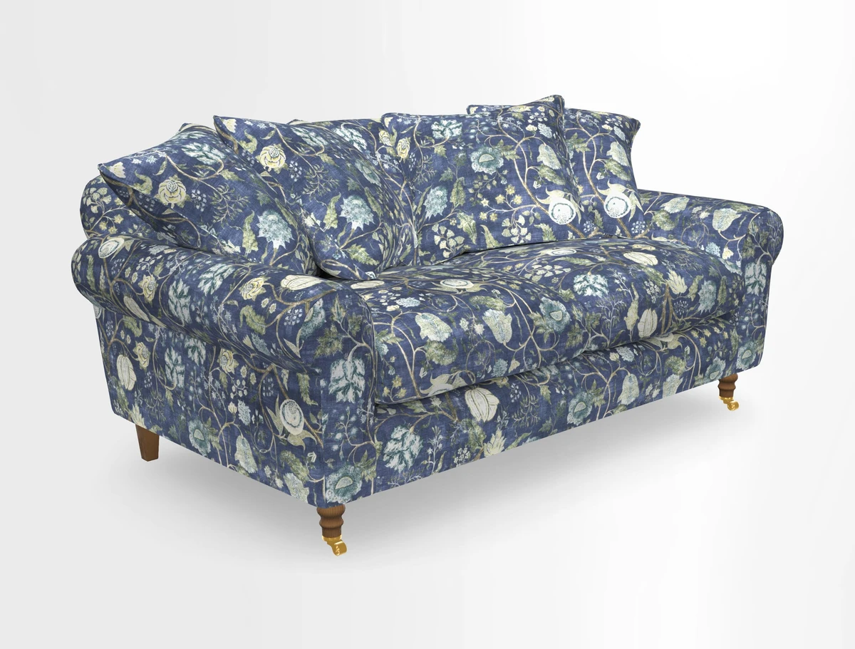 Walberswick 3 Seater Sofa in Etta's Bouquet Sunset Moss with scatters in Sussex Stripe Brick and Snape Chair in Almost Plain Velvet Spring
