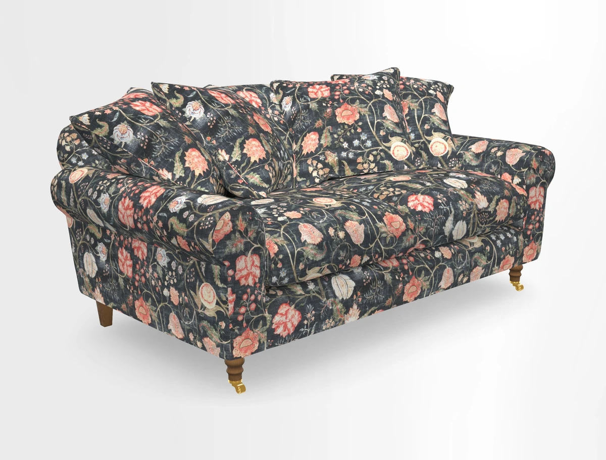 Walberswick 3 Seater Sofa in Etta's Bouquet Sunset Moss with scatters in Sussex Stripe Brick and Snape Chair in Almost Plain Velvet Spring
