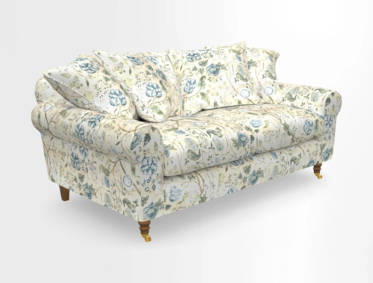 Walberswick 3 Seater Sofa in Etta's Bouquet Sunset Moss with scatters in Sussex Stripe Brick and Snape Chair in Almost Plain Velvet Spring