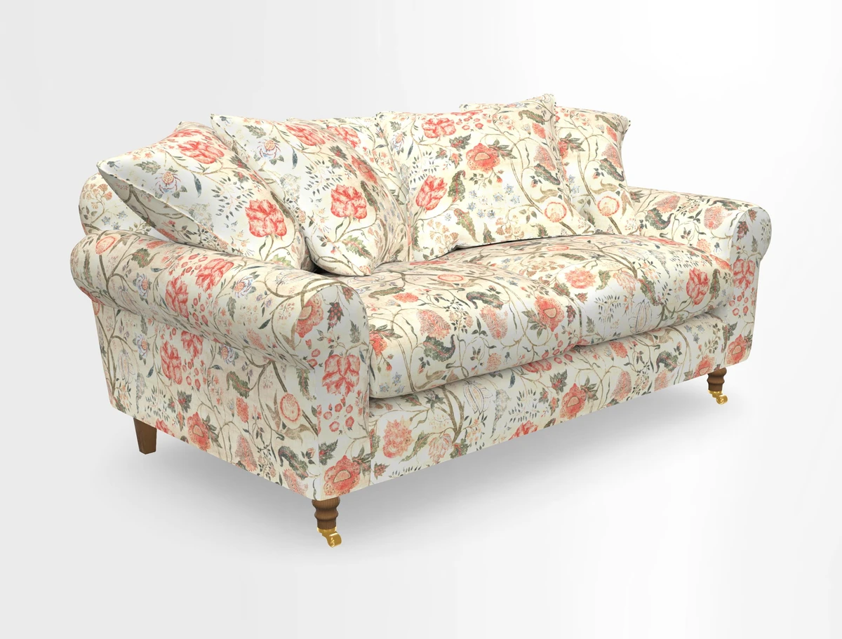 Walberswick 3 Seater Sofa in Etta's Bouquet Sunset Moss with scatters in Sussex Stripe Brick and Snape Chair in Almost Plain Velvet Spring