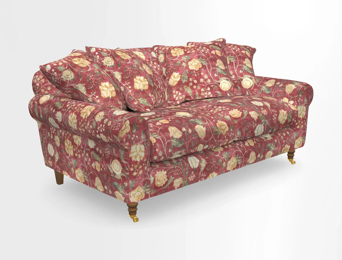 Walberswick 3 Seater Sofa in Etta's Bouquet Sunset Moss with scatters in Sussex Stripe Brick and Snape Chair in Almost Plain Velvet Spring