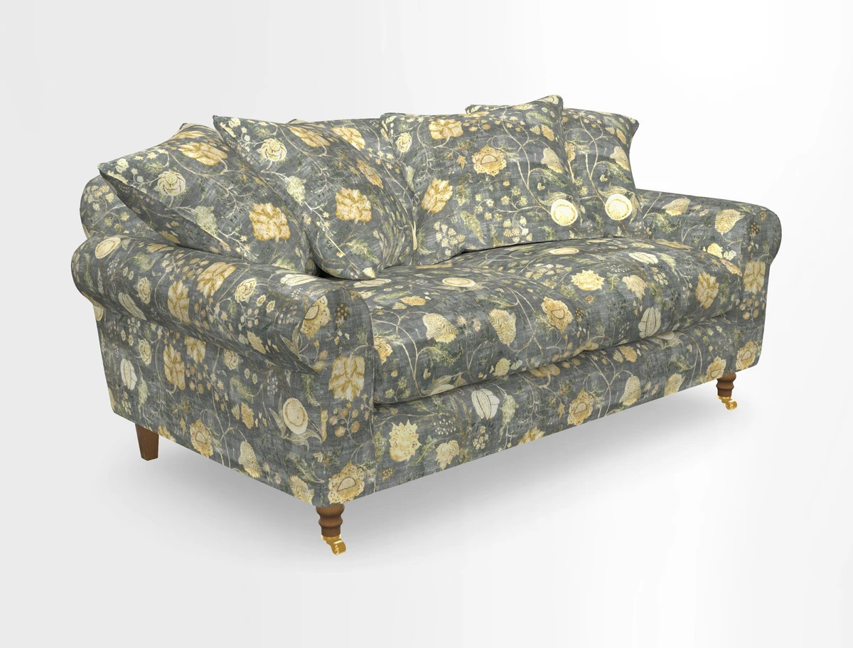 Walberswick 3 Seater Sofa in Etta's Bouquet Sunset Moss with scatters in Sussex Stripe Brick and Snape Chair in Almost Plain Velvet Spring