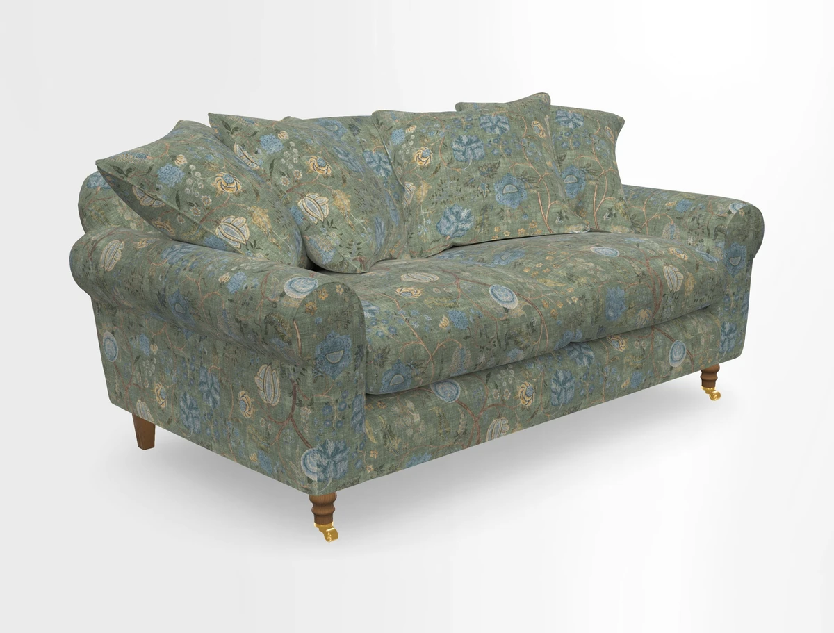 Walberswick 3 Seater Sofa in Etta's Bouquet Sunset Moss with scatters in Sussex Stripe Brick and Snape Chair in Almost Plain Velvet Spring