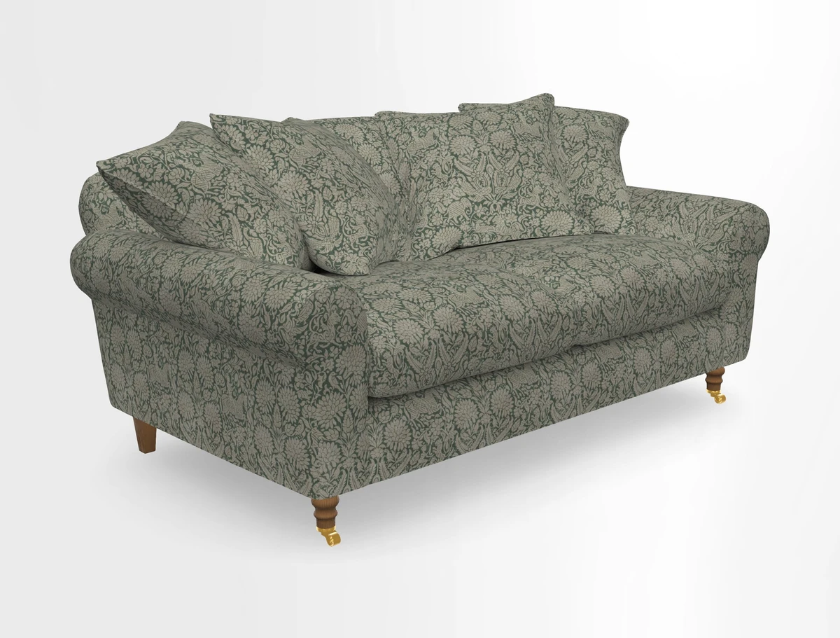 Walberswick 3 Seater Sofa in Etta's Bouquet Sunset Moss with scatters in Sussex Stripe Brick and Snape Chair in Almost Plain Velvet Spring