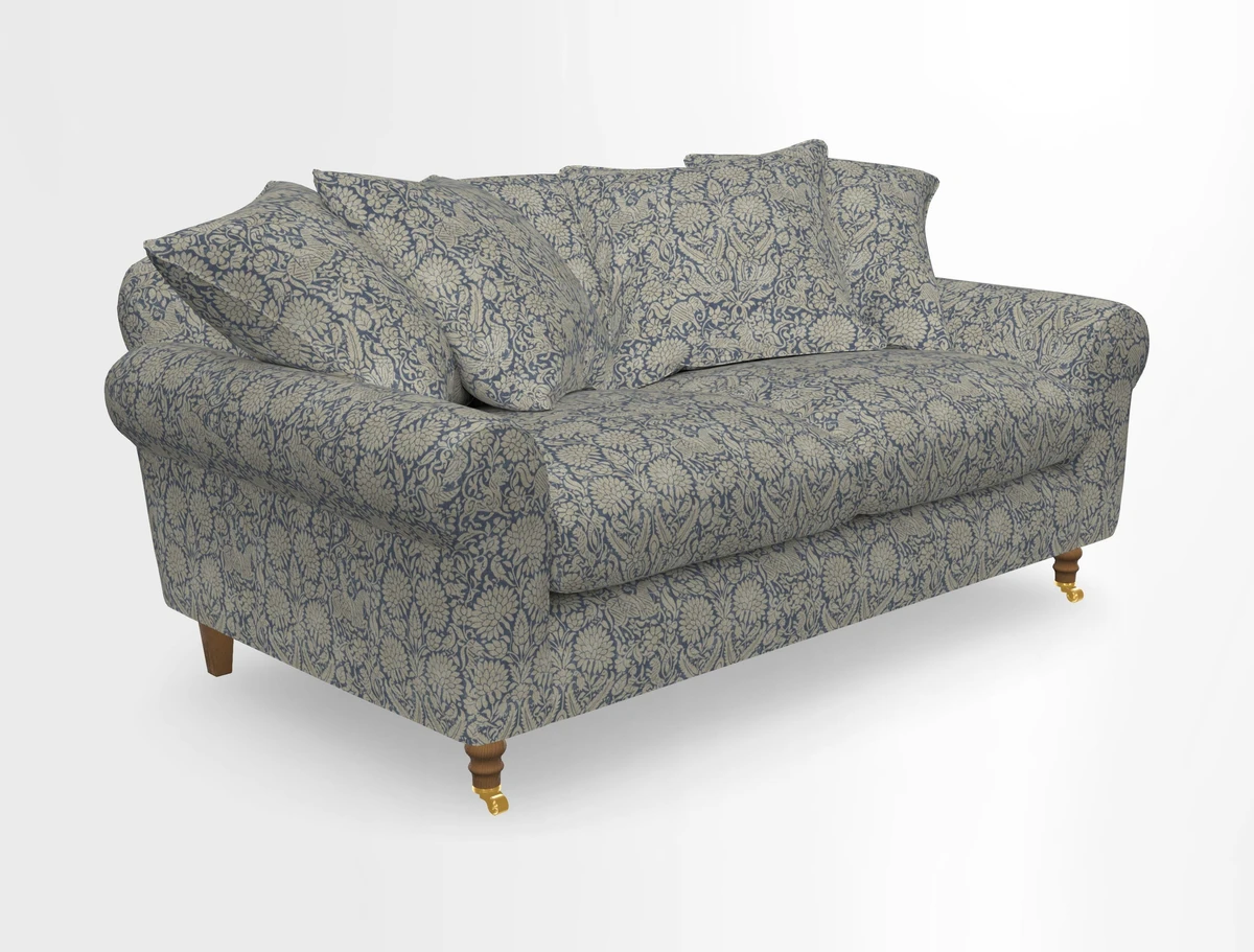 Walberswick 3 Seater Sofa in Etta's Bouquet Sunset Moss with scatters in Sussex Stripe Brick and Snape Chair in Almost Plain Velvet Spring
