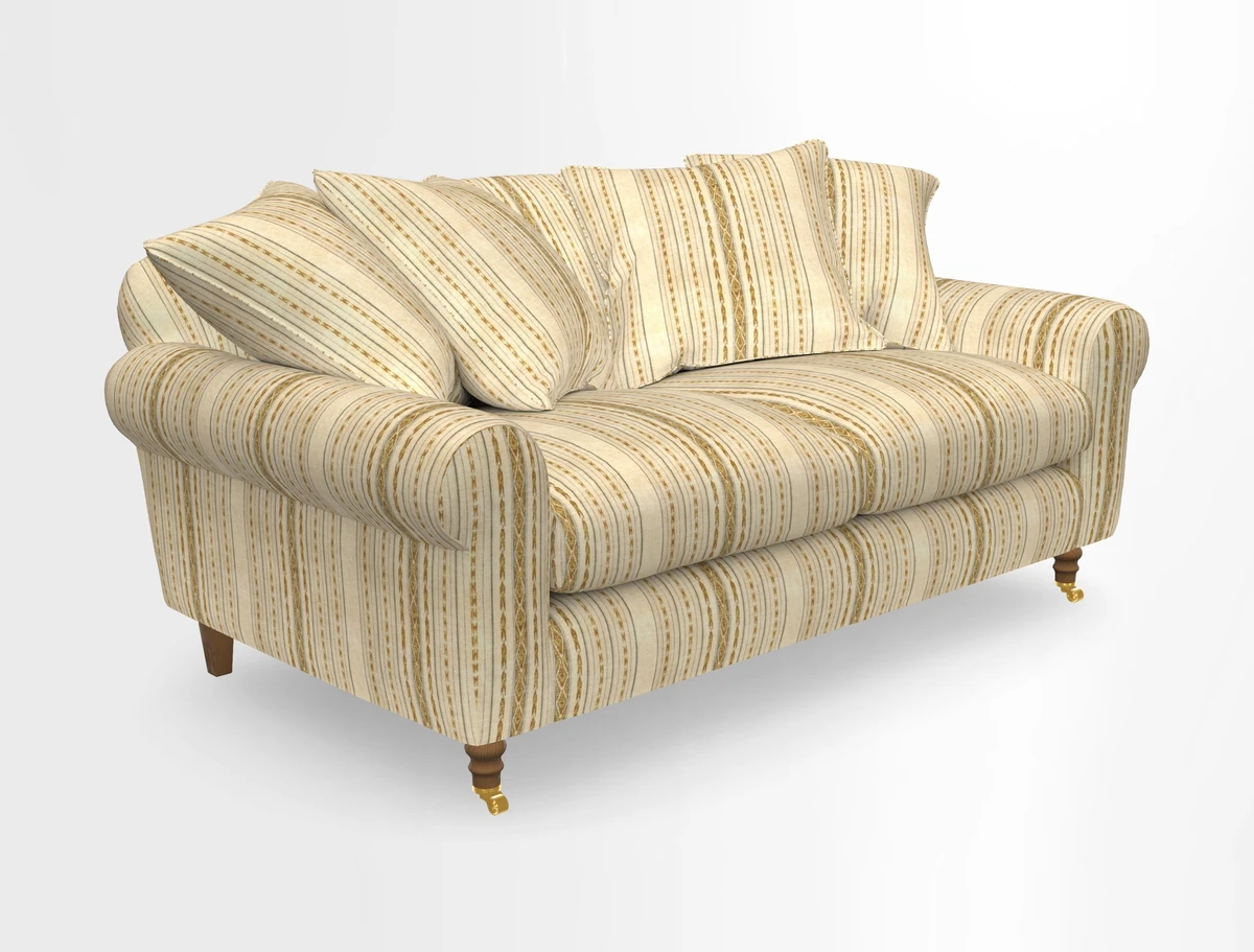 Walberswick 3 Seater Sofa in Etta's Bouquet Sunset Moss with scatters in Sussex Stripe Brick and Snape Chair in Almost Plain Velvet Spring