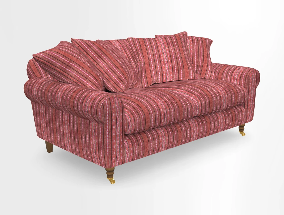 Walberswick 3 Seater Sofa in Etta's Bouquet Sunset Moss with scatters in Sussex Stripe Brick and Snape Chair in Almost Plain Velvet Spring