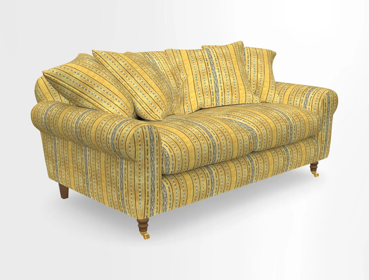 Walberswick 3 Seater Sofa in Etta's Bouquet Sunset Moss with scatters in Sussex Stripe Brick and Snape Chair in Almost Plain Velvet Spring