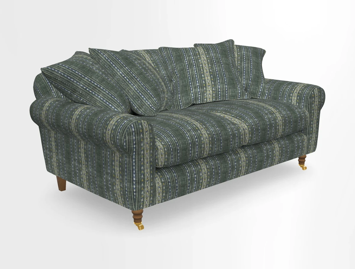 Walberswick 3 Seater Sofa in Etta's Bouquet Sunset Moss with scatters in Sussex Stripe Brick and Snape Chair in Almost Plain Velvet Spring