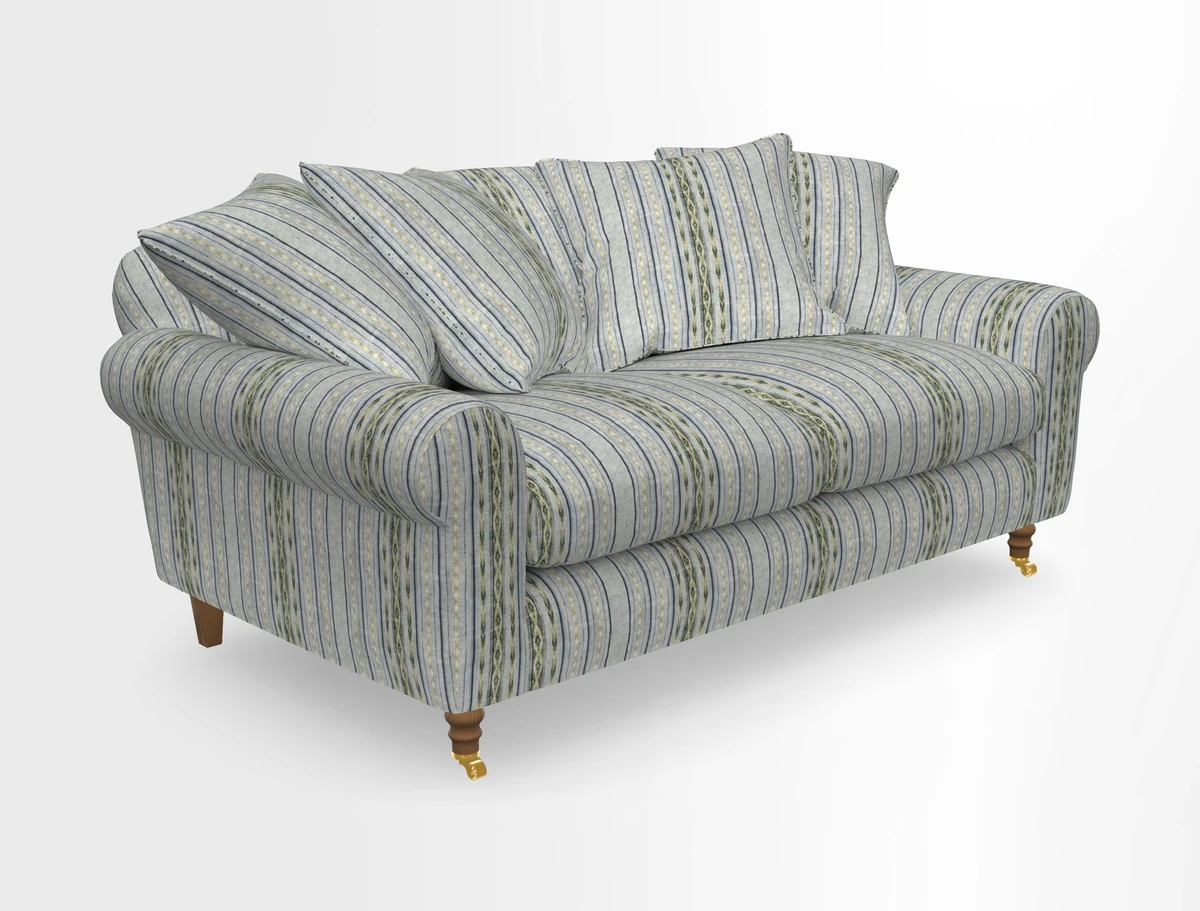 Walberswick 3 Seater Sofa in Etta's Bouquet Sunset Moss with scatters in Sussex Stripe Brick and Snape Chair in Almost Plain Velvet Spring