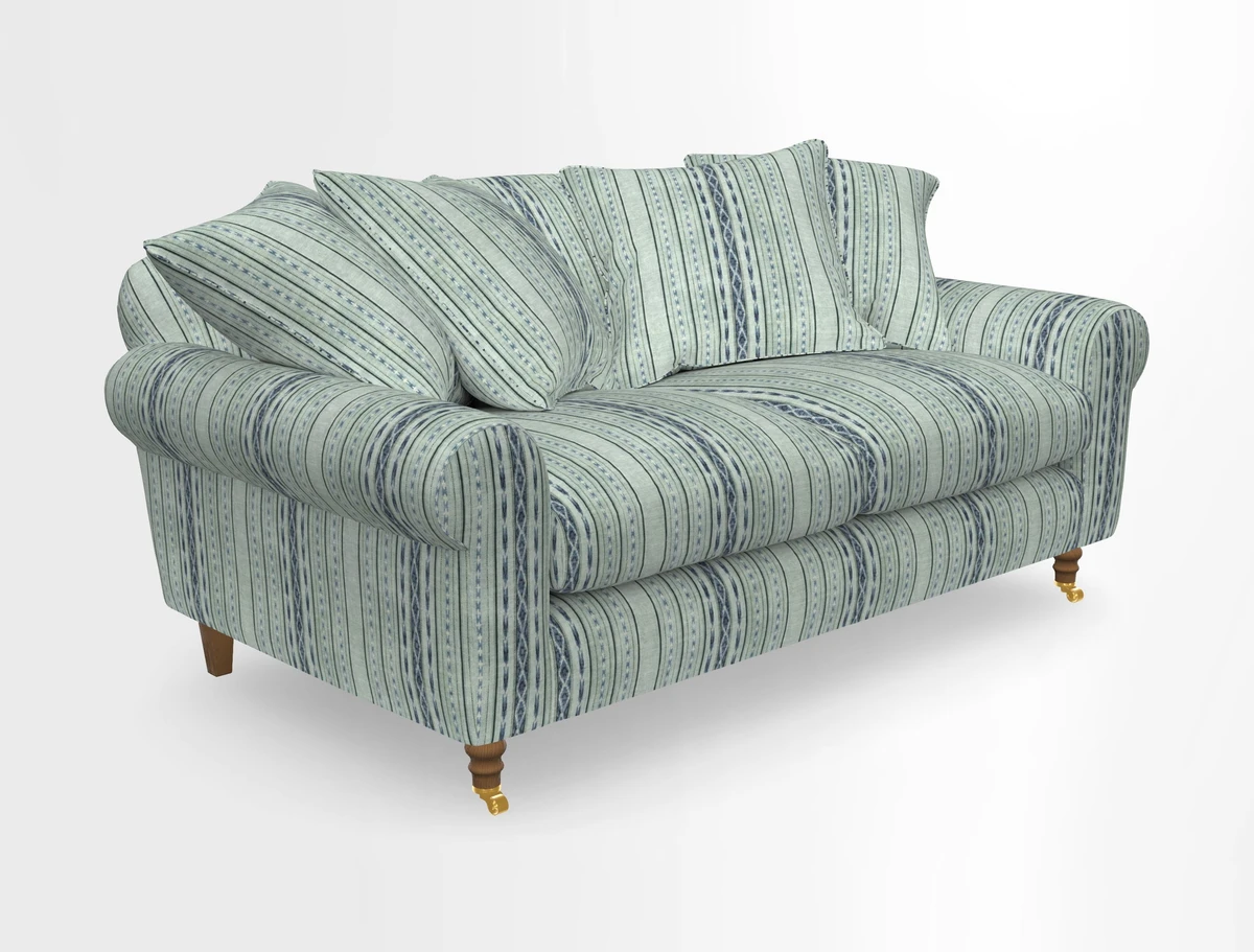 Walberswick 3 Seater Sofa in Etta's Bouquet Sunset Moss with scatters in Sussex Stripe Brick and Snape Chair in Almost Plain Velvet Spring